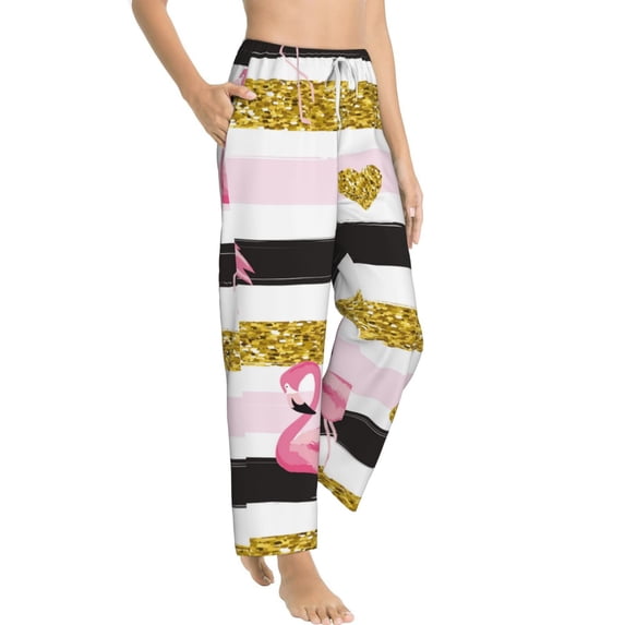 Goofa Gold Glittering Hearts and Flamingos Printed Soft Pajama Pants for Women, Wide Leg Comfy Casual Lounge Yoga Pants-X-Large
