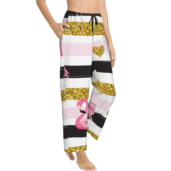 Goofa Gold Glittering Hearts and Flamingos Printed Soft Pajama Pants for Women, Wide Leg Comfy Casual Lounge Yoga Pants-X-Large