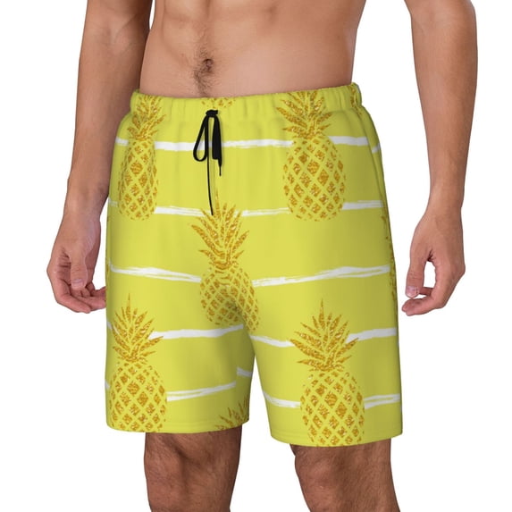 Goofa Gold Pineapple Printed Men's Swim Trunks Board Shorts Quick Dry Mens Swimming Trunks with Compression Liner,Breathable Fit Hawaii Beach Shorts-Small