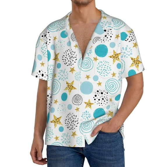 Goofa Gold Stars Blue Dots Pattern Printed Men's Casual Short-sleeved Shirt,Lightweight Breathable Button-down,Summer Casual men's top,Versatile Fashion shirt-XX-Large