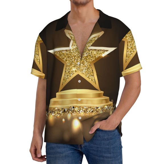 Goofa Golden Glitter And Light Printed Men's Casual Short-sleeved Shirt,Lightweight Breathable Button-down,Summer Casual men's top,Versatile Fashion shirt-XX-Large