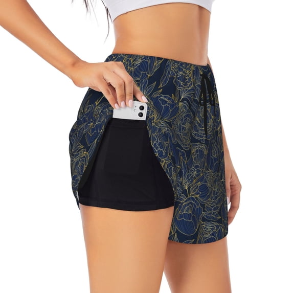 Goofa Golden Peonies Printed Women 2 in 1 Running Shorts,Quick Dry Athletic Workout Shorts,High Waisted Athletic Shorts with Liner Pockets-