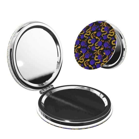 Goofa Golden Snake And Purple Rose Pattern Pocket Mirror, Portable Makeup Mirror,Travel Makeup Mirror,Dual-Sided Compact Mirror,Gift Makeup Mirror-Round Shape