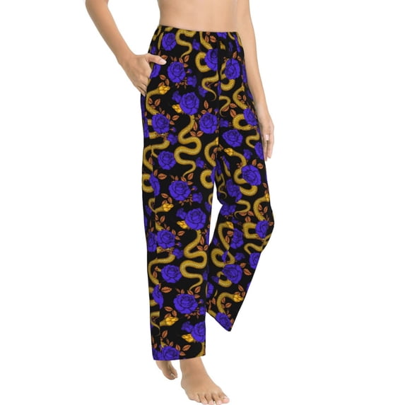 Goofa Golden Snake And Purple Rose Printed Soft Pajama Pants for Women, Wide Leg Comfy Casual Lounge Yoga Pants-XX-Large