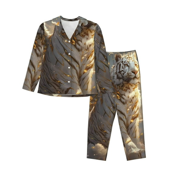 Goofa Golden White Tiger Printed Women’s 2 Piece Pajama Set Super,Pajamas Women's Long Sleeve Sleepwear Soft Button Down Loungewear Pjs Lounge Set Nightwear-Medium