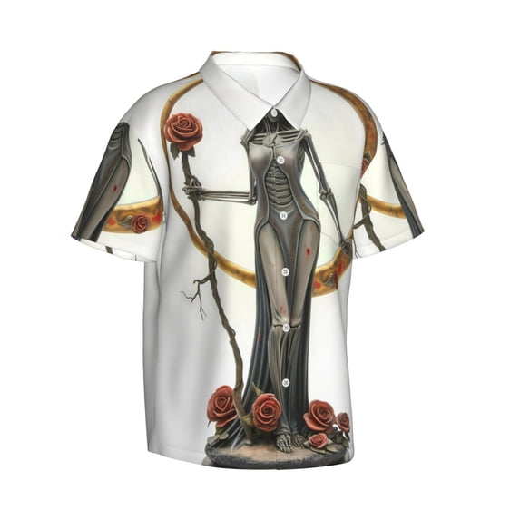 Goofa Gothic Skeleton With Roses Hawaiian Shirt for Men, Unisex Summer Beach Casual Short Sleeve Button Down Shirts,Aloha Tropical Floral print shirt-