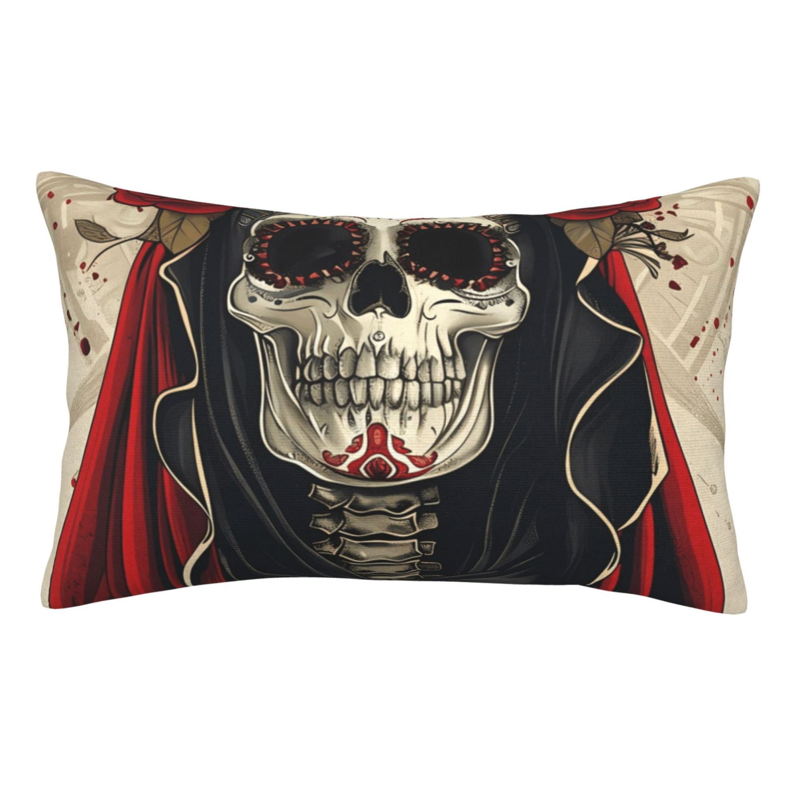 Goofa Gothic Skull With Roses Print Plush Throw Pillow Case, Soft