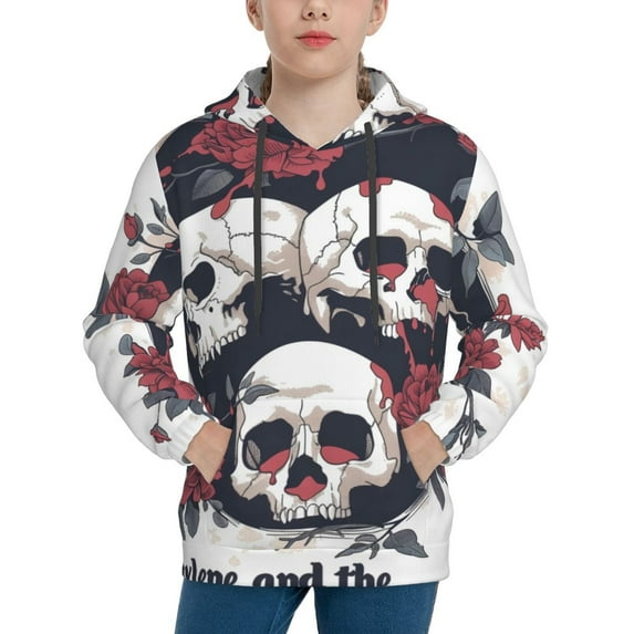 Goofa Gothic Skulls And Roses Pattern Hooded Sweatshirt for Youth Trendy youth sweatshirt Casual Hoodie for Boys and Girls-Large