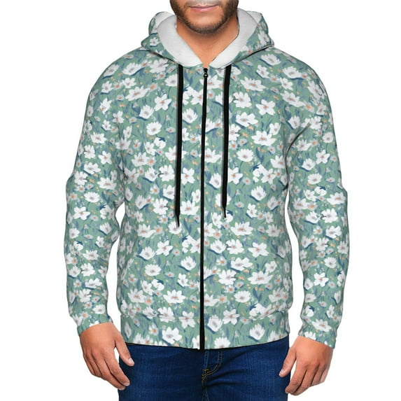 Goofa Gouache Flowers Pattern Mens Full-zip Hoodie, Zip-up Pullover Hooded Sweatshirt, Kangaroo Pocket Hoodie Ideal for Daily Wear, Travel, and Home-X-Large