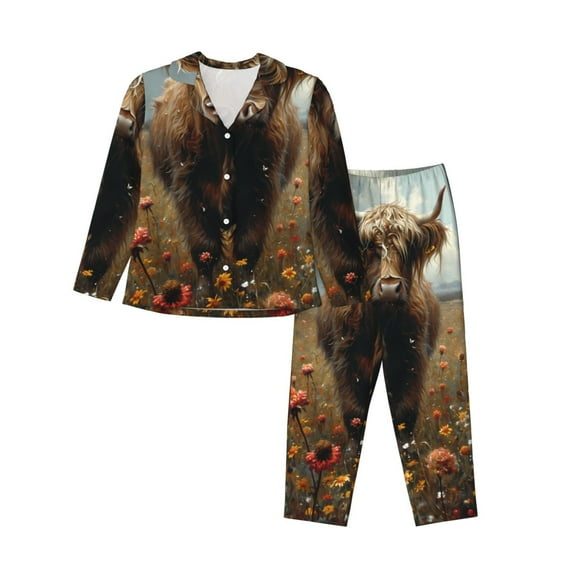 Goofa Grassland Sunflower Cow Printed Women’s 2 Piece Pajama Set Super,Pajamas Women's Long Sleeve Sleepwear Soft Button Down Loungewear Pjs Lounge Set Nightwear-Medium