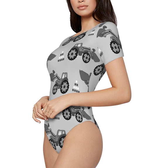 Goofa Gray Tractor Printed Women Rash Guard Short Sleeve,Tummy control Swimsuit Surfing Swimsuit Bathing Suit One Piece Swimsuit UPF 50-Medium