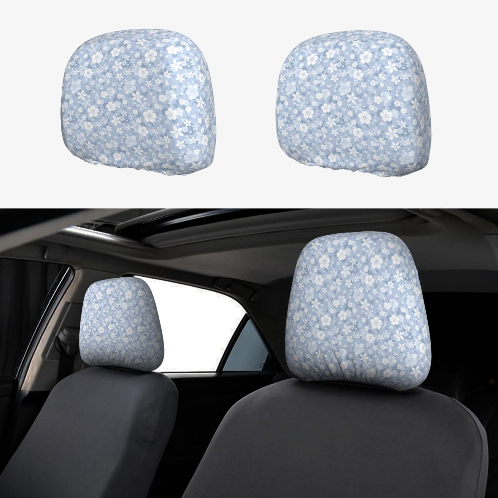 Goofa Gray White Floral Pattern 2 PCS Car Headrest Cover Headrest Protector Universal Interior