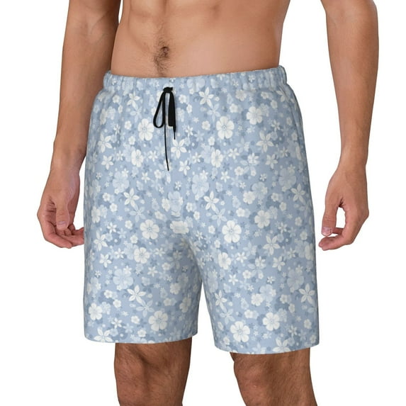 Goofa Gray White Floral Printed Men's Swim Trunks Board Shorts Quick Dry Mens Swimming Trunks with Compression Liner,Breathable Fit Hawaii Beach Shorts-