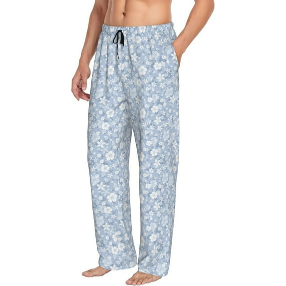 Goofa Gray White Floral Printed Soft Pajama Pants for Men, Wide Leg Comfy Casual Lounge Yoga Pants-Medium