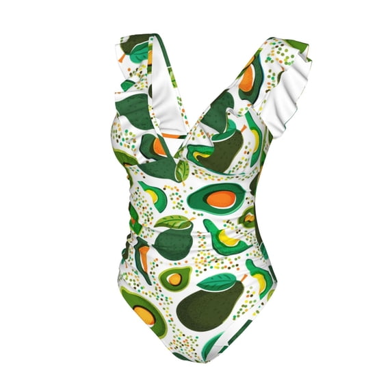 Goofa Green Avocado Print Women's Ruffled One Piece Swimsuit V Neck