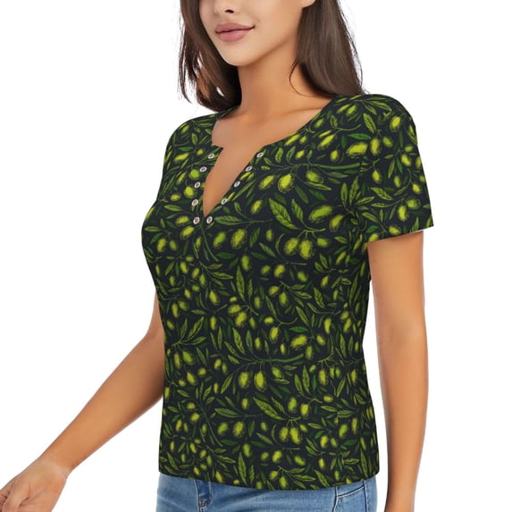 Goofa Green Branch Olive Pattern Womens Deep V Neck Low Cut Tops Casual Summer Short Sleeve Ribbed Knit T-Shirts-Medium