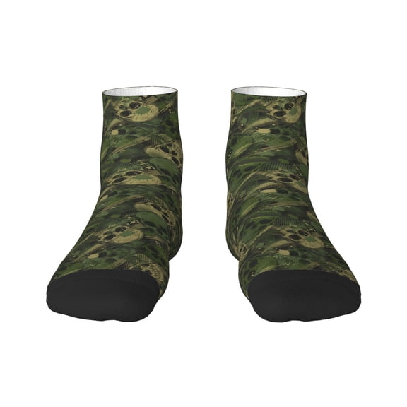 Goofa Green Camouflage Skull Pattern Non Slip Socks with Grips for Elderly, Crew Socks Yoga Hospital Socks Cushioned Sole Gripper Socks for Men Women