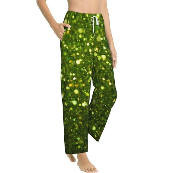 Goofa Green Glitter Sparkle Printed Soft Pajama Pants for Women, Wide Leg Comfy Casual Lounge Yoga Pants-Medium