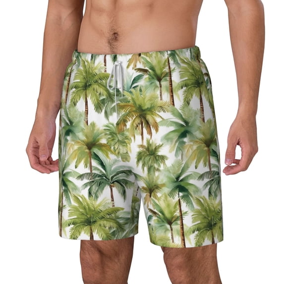 Goofa Green Hawaii Palms Printed Men's Swim Trunks Board Shorts Quick Dry Mens Swimming Trunks with Compression Liner,Breathable Fit Hawaii Beach Shorts-Large