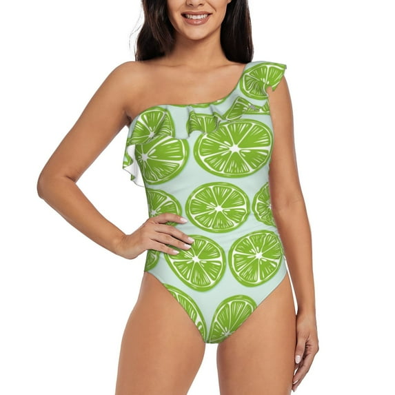 Goofa Green Lemon Slices Pattern Women's One Piece Swimsuits Tummy Control Bathing Suits Asymmetric One Shoulder Swimwear-X-Large