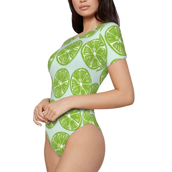 Goofa Green Lemon Slices Printed Women Rash Guard Short Sleeve,Tummy control Swimsuit Surfing Swimsuit Bathing Suit One Piece Swimsuit UPF 50-X-Large