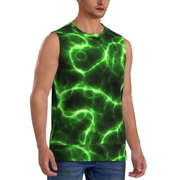 Goofa Green Lightning Printed Men's Sleeveless T-Shirt - Athletic Gym Workout Tank Top for Men - Moisture-Wicking, UPF 30+ Quick-Dry Muscle Tee-Large