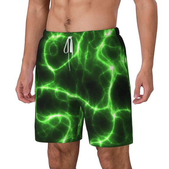 Goofa Green Lightning Printed Men's Swim Trunks Board Shorts Quick Dry Mens Swimming Trunks with Compression Liner,Breathable Fit Hawaii Beach Shorts-XX-Large