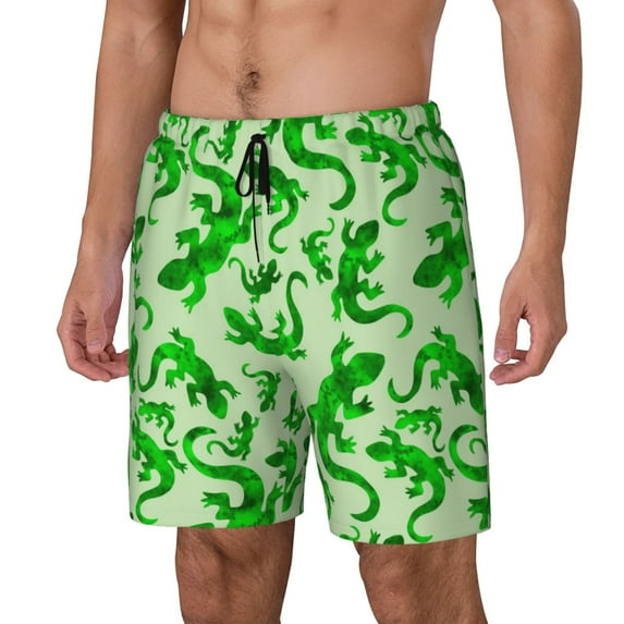 Goofa Green Lizard Printed Men's Swim Trunks Board Shorts Quick Dry Mens Swimming Trunks with Compression Liner,Breathable Fit Hawaii Beach Shorts-X-Large