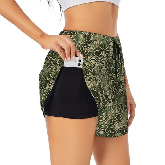 Goofa Green Snake Skin Printed Women 2 in 1 Running Shorts,Quick Dry Athletic Workout Shorts,High Waisted Athletic Shorts with Liner Pockets-XX-Large