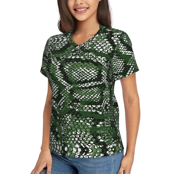 Goofa Green Snakeskin Pattern Women's Slim-Fit Short-Sleeve V-Neck T-Shirt,Classic-Fit Short-Sleeve V-Neck T-Shirt-X-Large