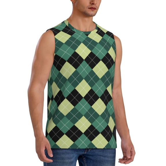 Goofa Green Squares Printed Men's Sleeveless T-Shirt - Athletic Gym Workout Tank Top for Men - Moisture-Wicking, UPF 30+ Quick-Dry Muscle Tee-Medium