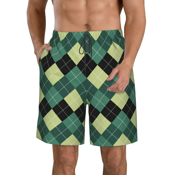 Goofa Green Squares Printed Mens Swim Trunks Summer Quick Dry Short Beach Swimwear Bathing Suits-Large