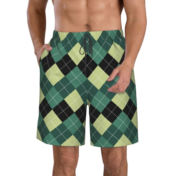 Goofa Green Squares Printed Mens Swim Trunks Summer Quick Dry Short Beach Swimwear Bathing Suits-