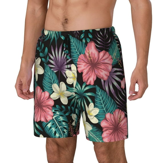 Goofa Green Tropical Leaves Printed Men's Swim Trunks Board Shorts Quick Dry Mens Swimming Trunks with Compression Liner,Breathable Fit Hawaii Beach Shorts-X-Large