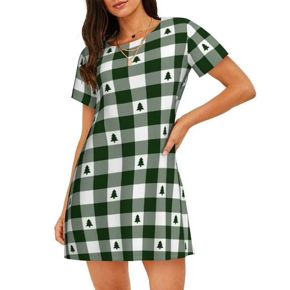 Goofa Green White Christmas Tree Lumberjack Plaid Print Women’s Cotton Nightdress – Short-Sleeved Sleep Dress, Casual Loose-Fit Lounge Wear, Comfortable and Stylish Sleepwear for Women