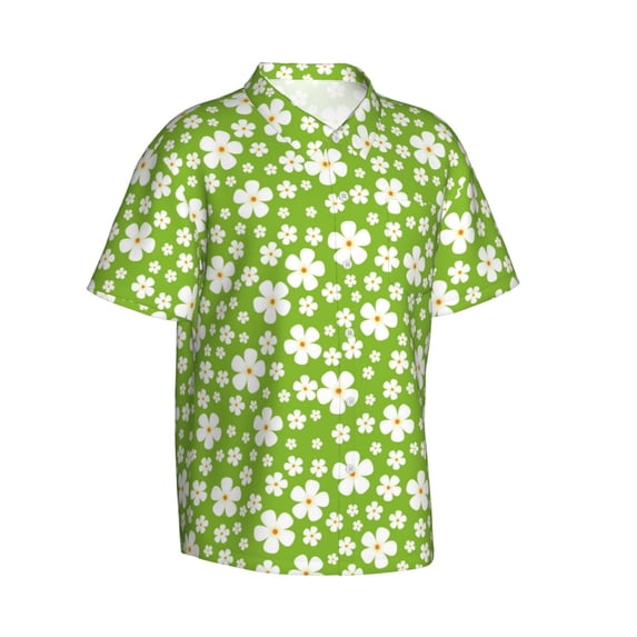 Goofa Green White Flowers Hawaiian Shirt for Men, Unisex Summer Beach Casual Short Sleeve Button Down Shirts,Aloha Tropical Floral print shirt-X-Large
