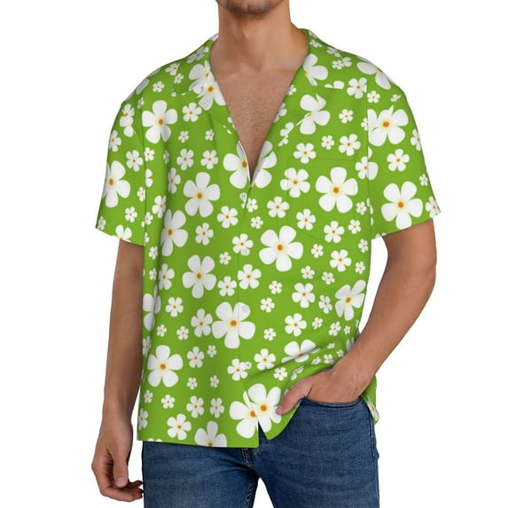Goofa Green White Flowers Printed Men's Casual Short-sleeved Shirt,Lightweight Breathable Button-down,Summer Casual men's top,Versatile Fashion shirt-3X-Large