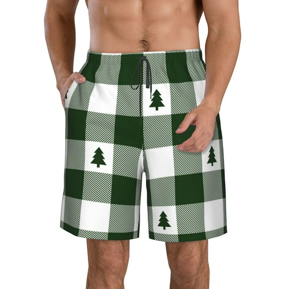 Goofa Green White Lumberjack Plaid Printed Mens Swim Trunks Summer Quick Dry Short Beach Swimwear Bathing Suits-3X-Large
