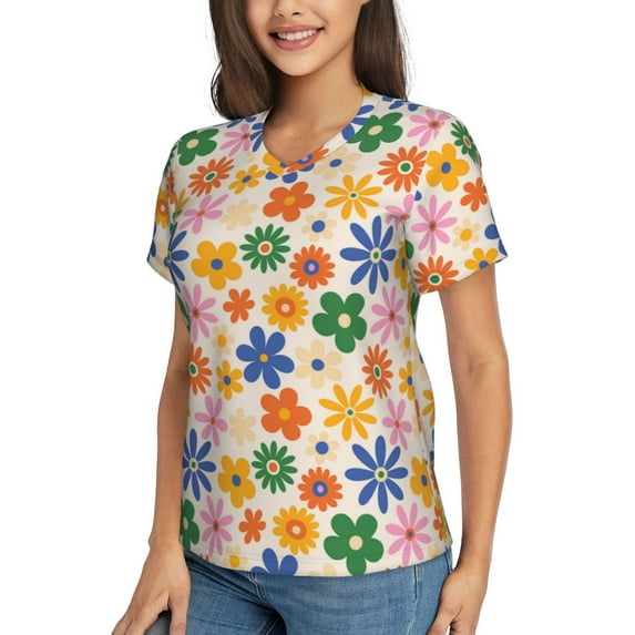 Goofa Groovy Daisy Flowers Pattern Women's Slim-Fit Short-Sleeve V-Neck T-Shirt,Classic-Fit Short-Sleeve V-Neck T-Shirt-3X-Large