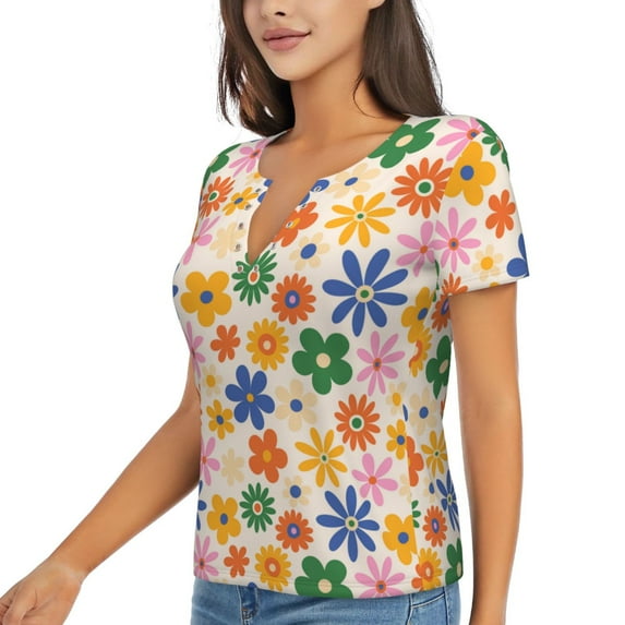 Goofa Groovy Daisy Flowers Pattern Womens Deep V Neck Low Cut Tops Casual Summer Short Sleeve Ribbed Knit T-Shirts-Medium