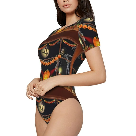 Goofa Halloween Decoration Printed Women Rash Guard Short Sleeve,Tummy control Swimsuit Surfing Swimsuit Bathing Suit One Piece Swimsuit UPF 50-