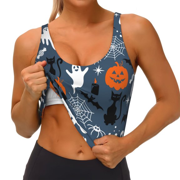 Goofa Halloween Printed Sports Bras for Women, High Impact Running Bra Workout Crop Tank Tops Longline Sports Bra Push up-XX-Large