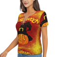 thumbnail image 1 of Goofa Halloween Pumpkin Pattern Womens Deep V Neck Low Cut Tops Casual Summer Short Sleeve Ribbed Knit T-Shirts-Small, 1 of 5