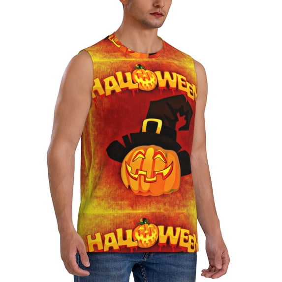 Goofa Halloween Pumpkin Printed Men's Sleeveless T-Shirt - Athletic Gym Workout Tank Top for Men - Moisture-Wicking, UPF 30+ Quick-Dry Muscle Tee-Medium