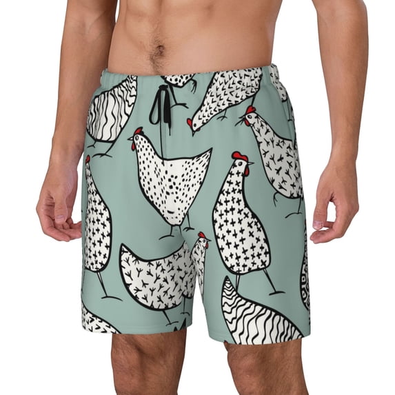 Goofa Hand Drawn Chickens Printed Men's Swim Trunks Board Shorts Quick Dry Mens Swimming Trunks with Compression Liner,Breathable Fit Hawaii Beach Shorts-Large