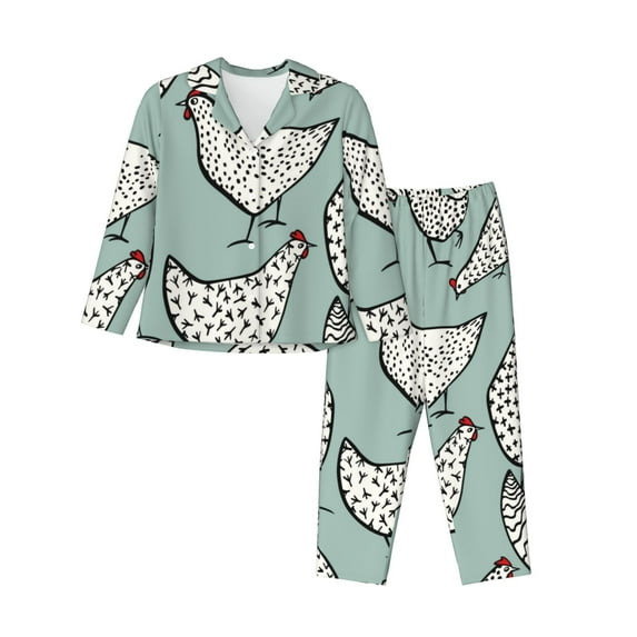 Goofa Hand Drawn Chickens Printed Women’s 2 Piece Pajama Set Super,Pajamas Women's Long Sleeve Sleepwear Soft Button Down Loungewear Pjs Lounge Set Nightwear-Small