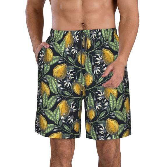 Goofa Hand Drawn Citrus Fruits Elegant Lemons Printed Mens Swim Trunks Summer Quick Dry Short Beach Swimwear Bathing Suits-Small