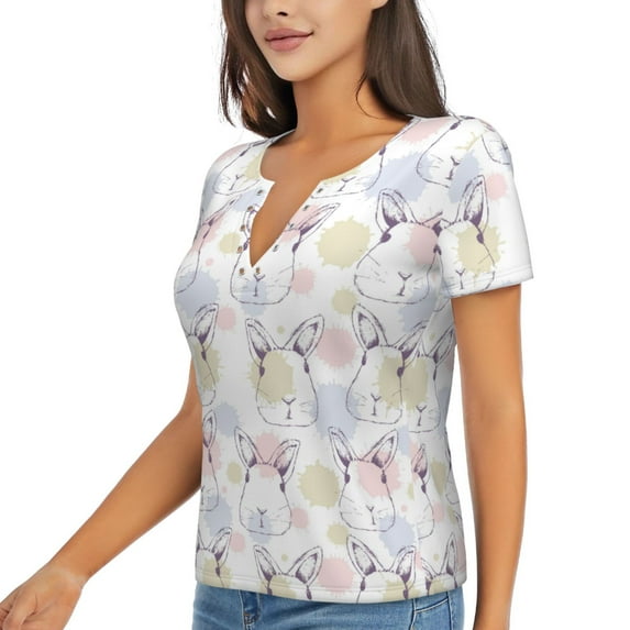 Goofa Hand Drawn Rabbit Pattern Womens Deep V Neck Low Cut Tops Casual Summer Short Sleeve Ribbed Knit T-Shirts-Large
