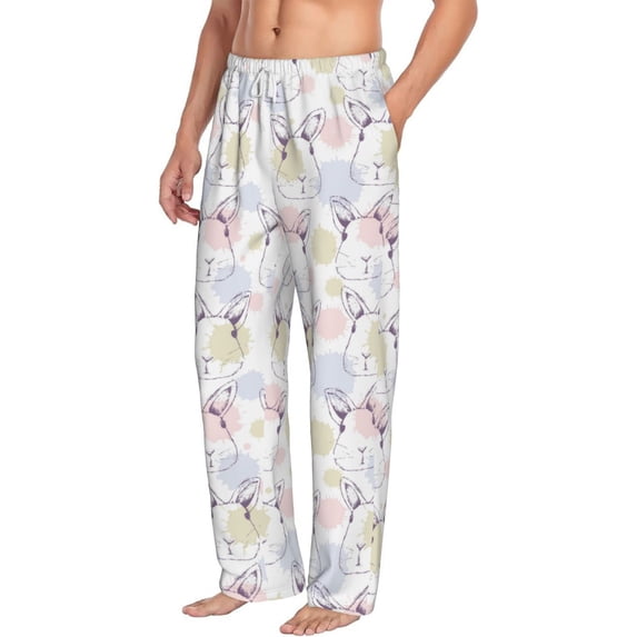 Goofa Hand Drawn Rabbit Printed Soft Pajama Pants for Men, Wide Leg Comfy Casual Lounge Yoga Pants-Small