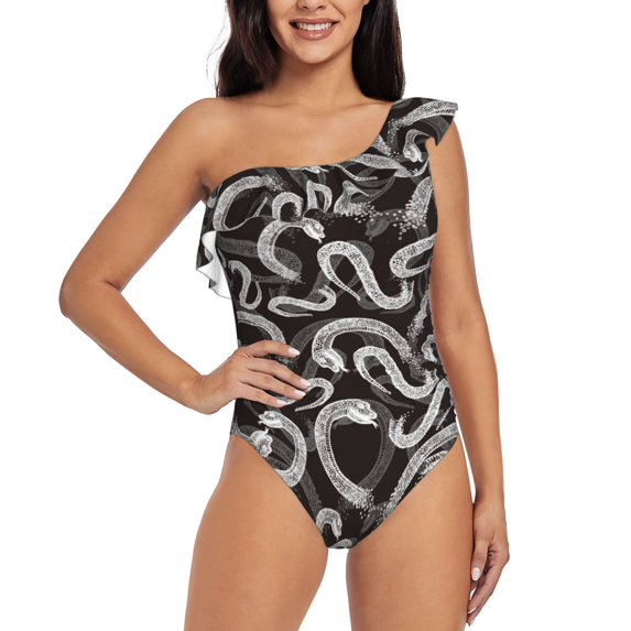 Goofa Hand Drawn Snake Pattern Women's One Piece Swimsuits Tummy Control Bathing Suits Asymmetric One Shoulder Swimwear-X-Large